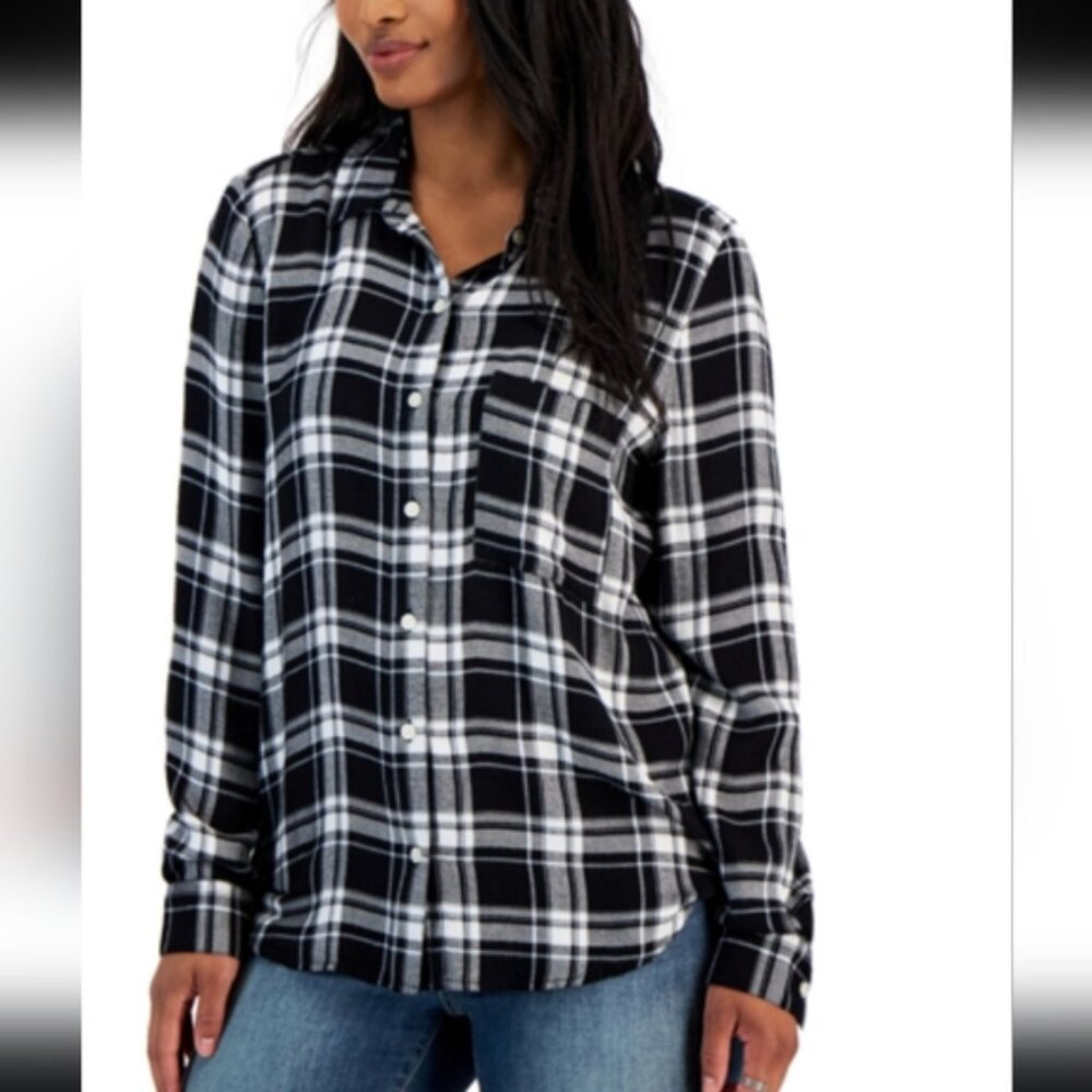 Style & Co Women's 1X Deep Black Combo Plaid High-Low Hem Button-Up Shirt NWT